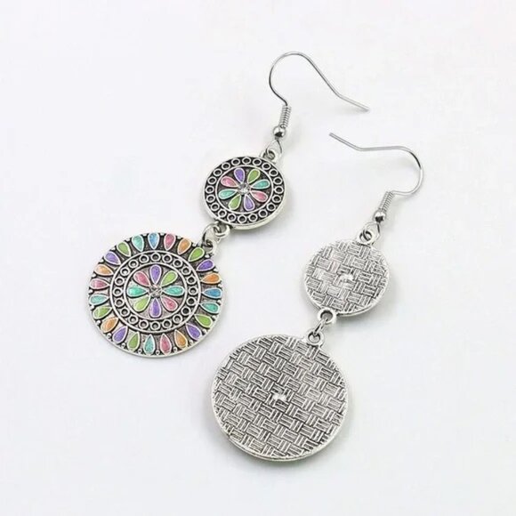 Boho Dangle Earrings Round Double Circle Medallion Hook Earrings - Picture 2 of 5